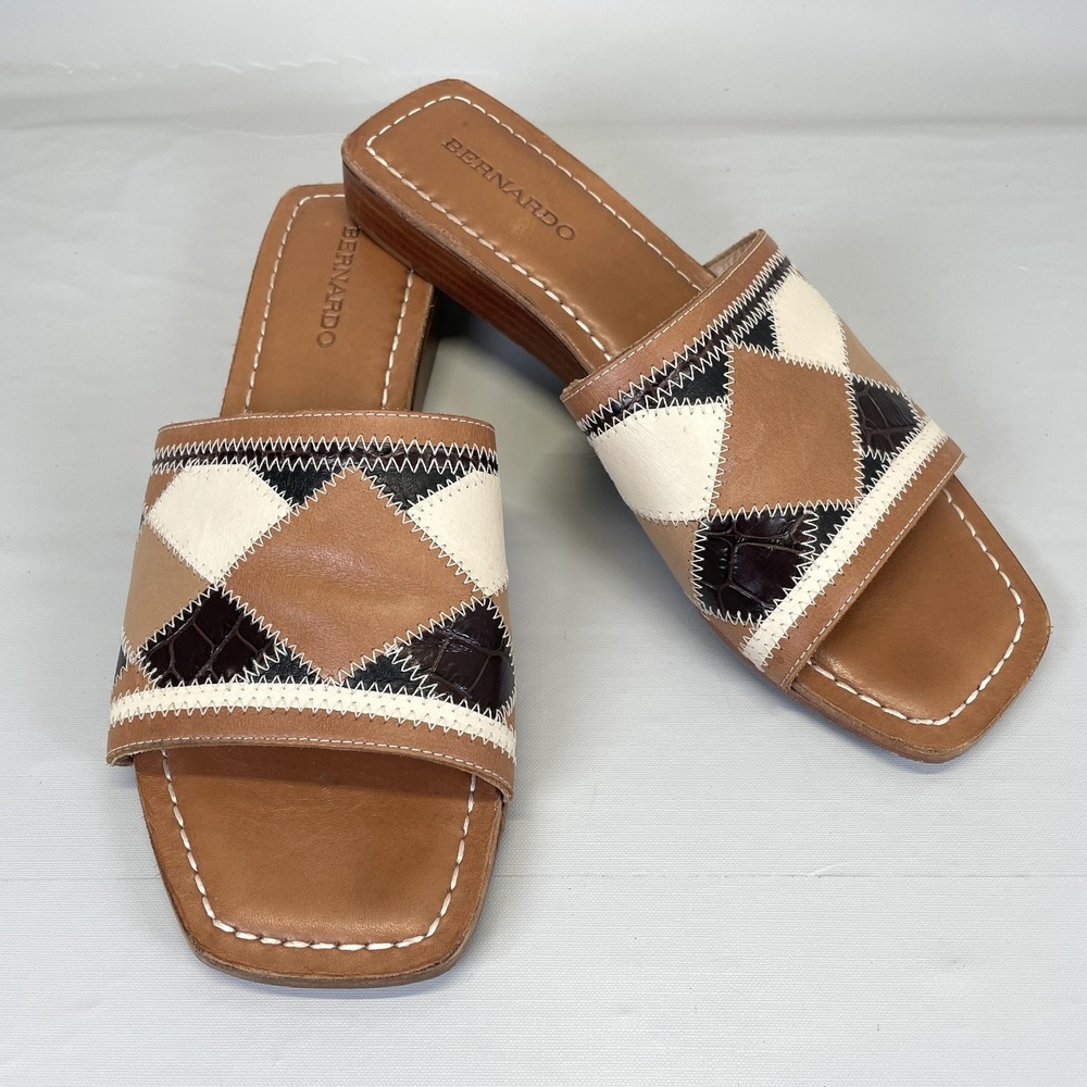Bernardo Shoes Womens Size 10 M Brown Patchwork Leather Slide Sandals Square Toe - Picture 2 of 11